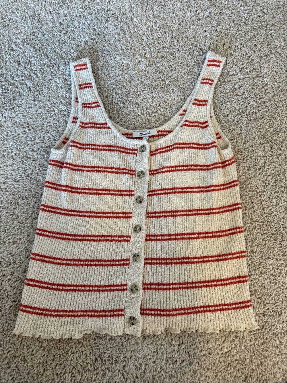 Madewell Cream and Red-Orange Striped Knit Button-Front Tank